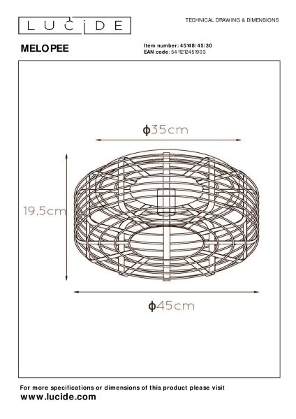 Lucide MELOPEE - Plafonnière - Ø 45 cm - 1xE27 - Zwart - technisch